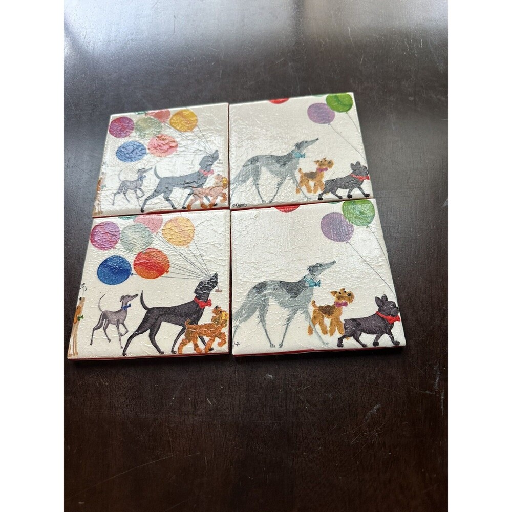 Puppy Dog Coasters Set of 4 Ceramic with Cork Back Three Dogs with Balloons